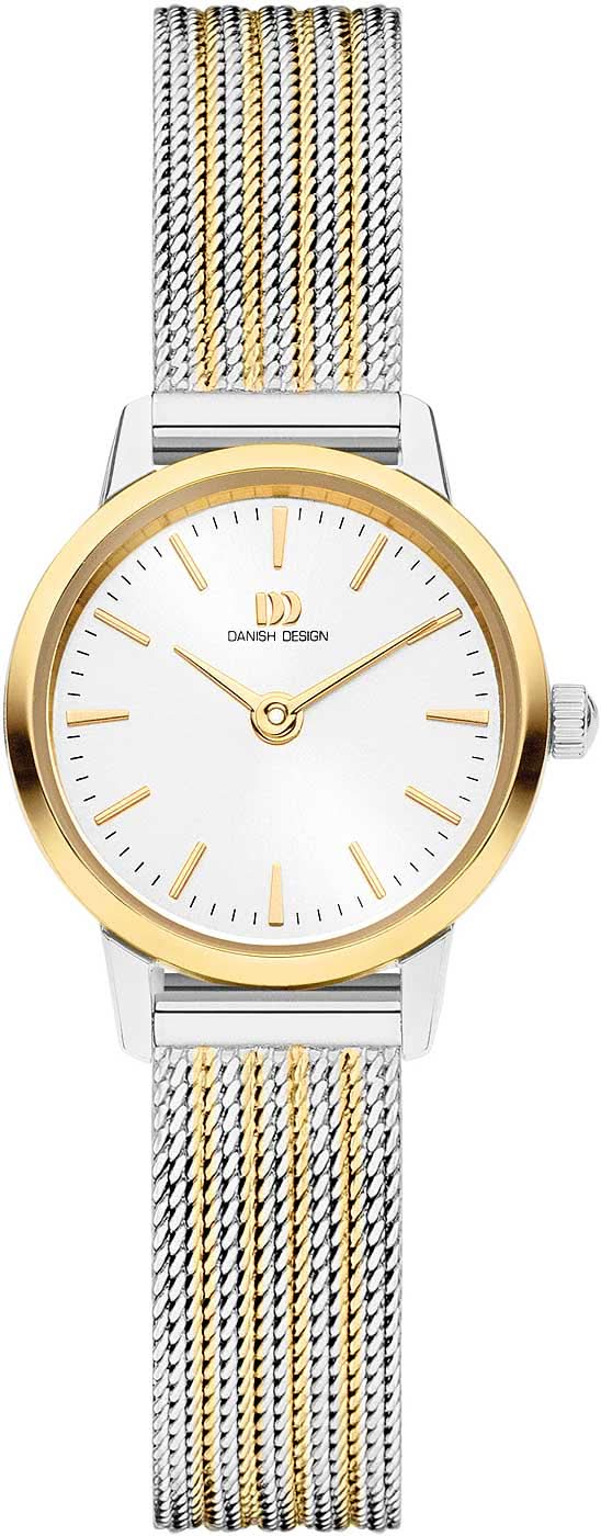 "Reloj de mujer con bisel dorado, esfera blanca y brazalete metálico bicolor"