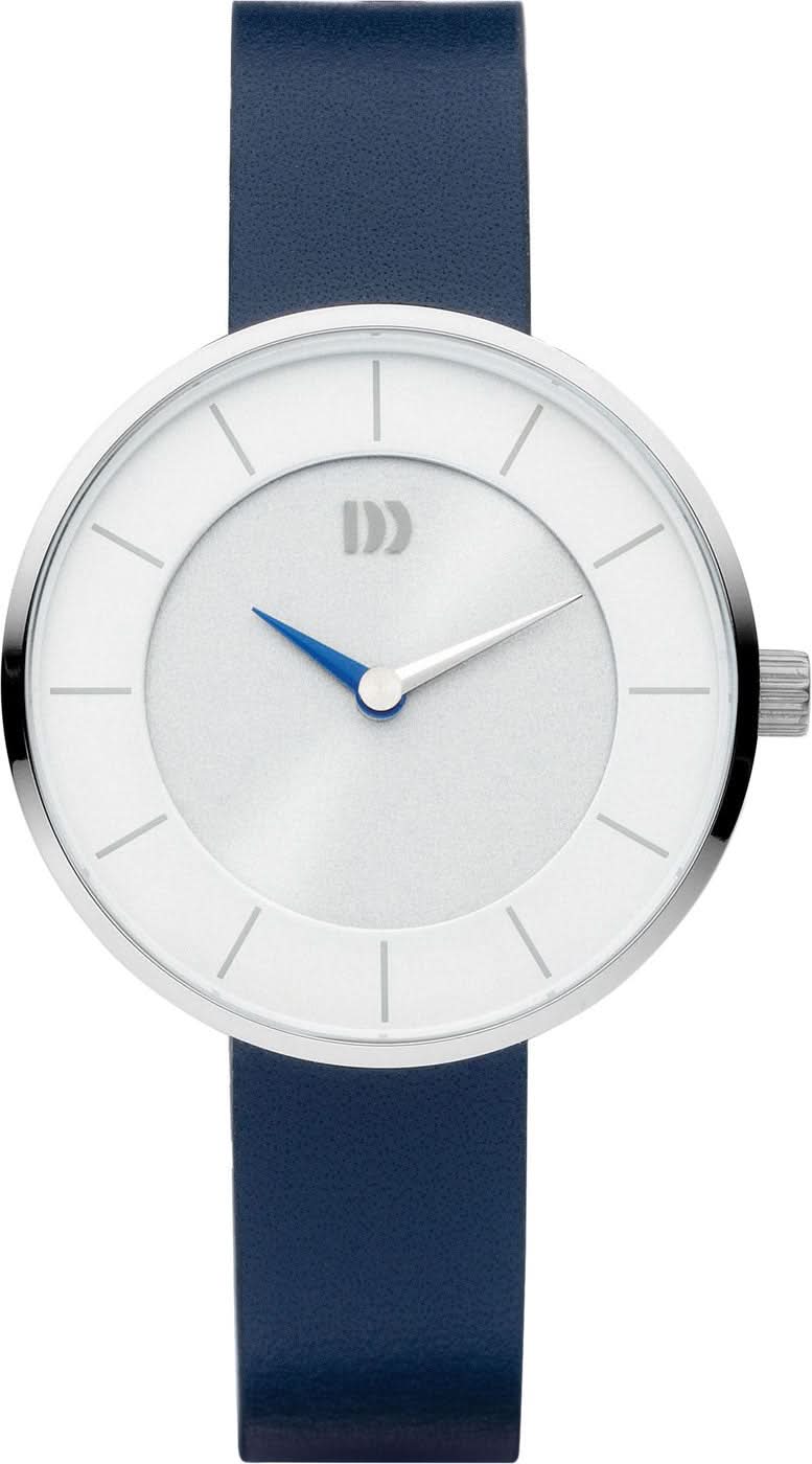 "Reloj de mujer con caja redonda plateada, esfera blanca y correa de piel azul"
