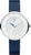 "Reloj de mujer con caja redonda plateada, esfera blanca y correa de piel azul"