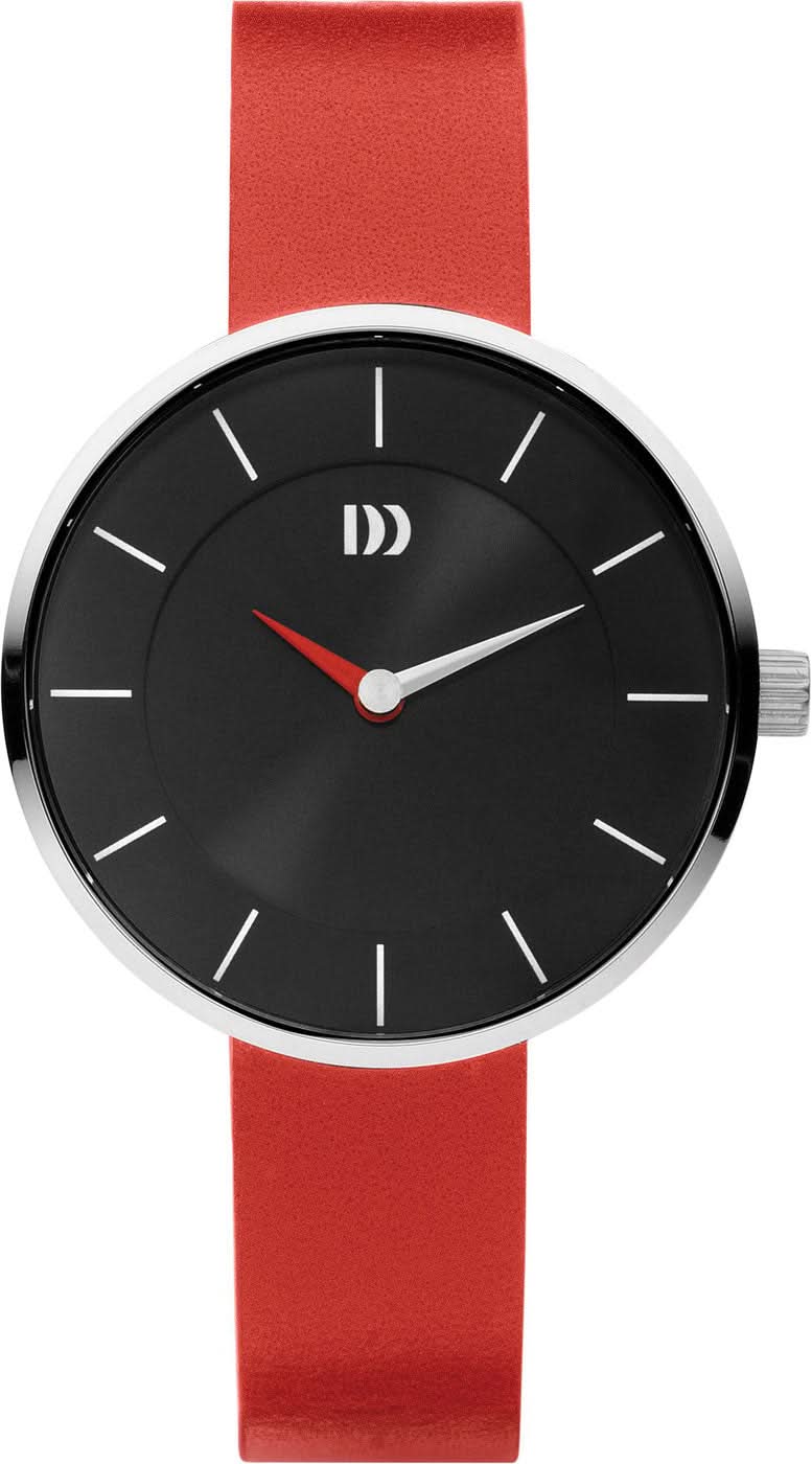 Reloj de mujer con esfera redonda negra, caja plateada y correa de cuero roja