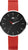 Reloj de mujer con esfera redonda negra, caja plateada y correa de cuero roja