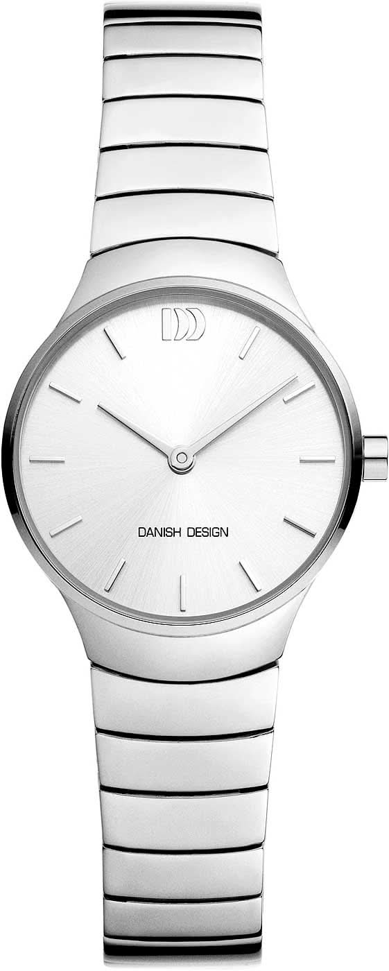 Reloj de mujer de acero inoxidable con esfera blanca, índices sencillos y la inscripción DANISH DESIGN.