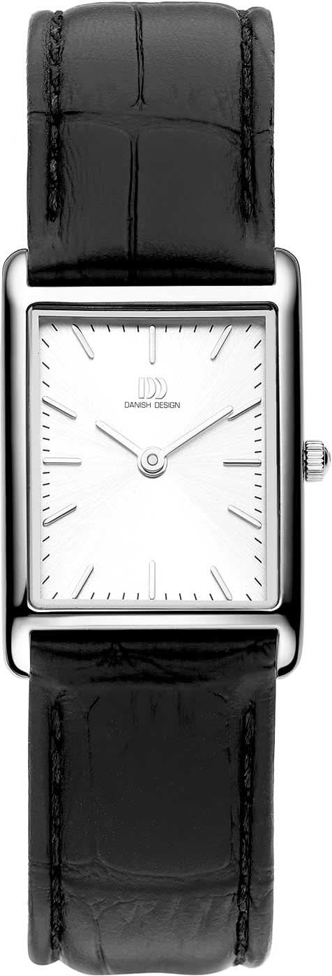 Reloj danés de diseño para mujer con correa de cuero negra y esfera rectangular blanca