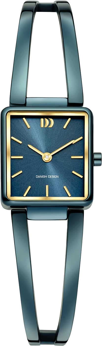 "Reloj de mujer: esfera azul, índices dorados, correa azul, caja rectangular."