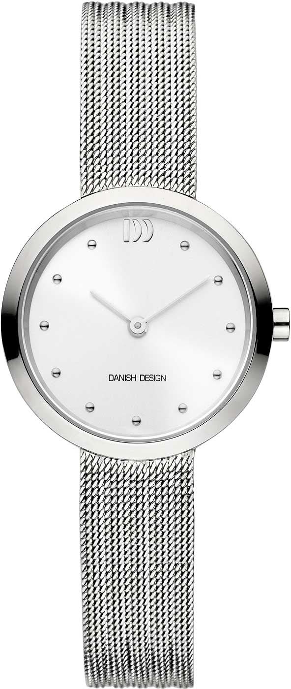 "Reloj danés de diseño para mujer con correa de malla plateada y esfera blanca, diseño redondo"