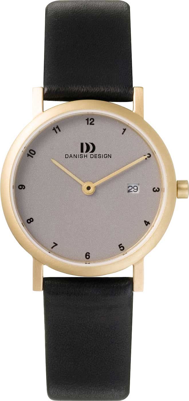 "Reloj de mujer Danish Design con caja redonda dorada, correa de cuero negra y esfera beige"