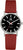 "Reloj de mujer con correa de cuero roja y esfera negra, caja plateada"