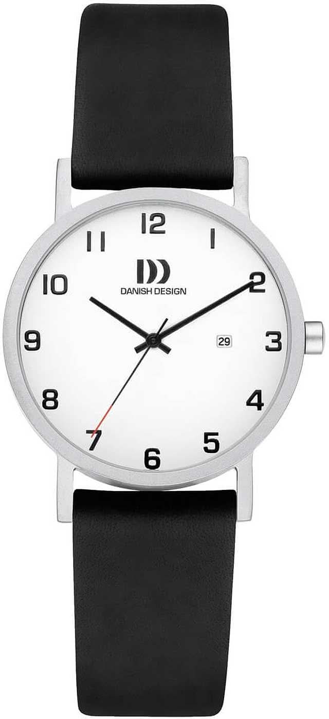 "Reloj de mujer con correa de cuero negra, caja plateada y esfera blanca con números arábigos"