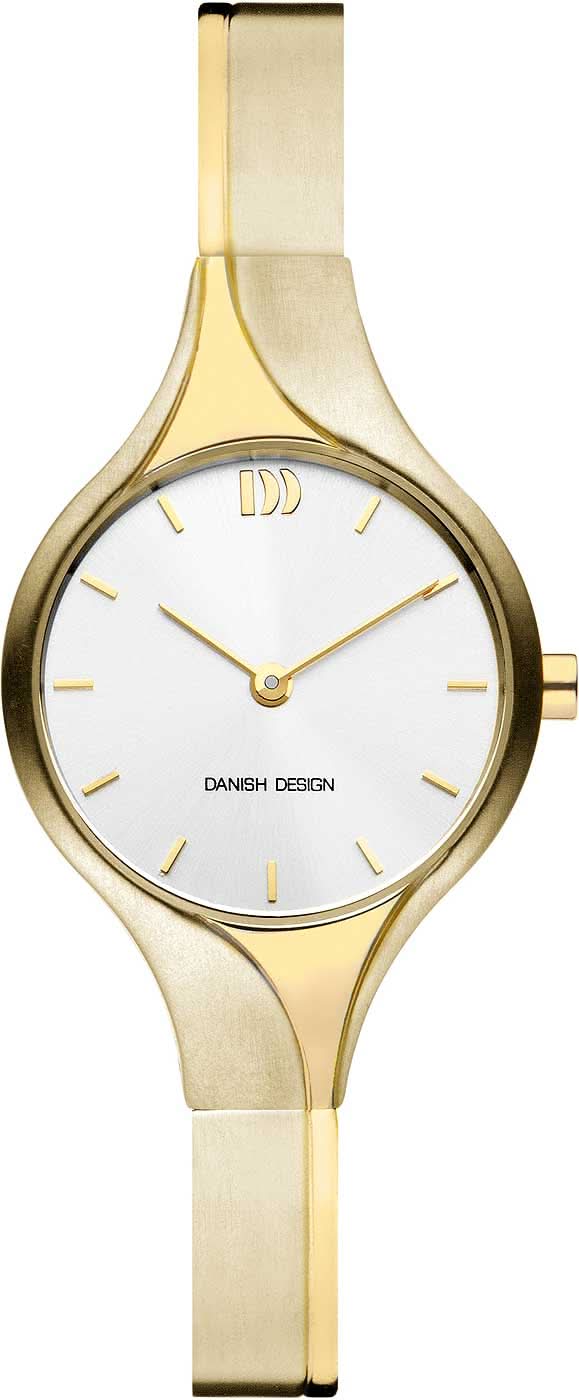 Reloj danés de diseño para mujer con pulsera de titanio en tono dorado y esfera blanca.