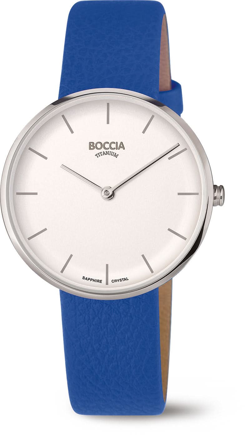 Reloj Boccia para mujer con correa de cuero azul, caja redonda y esfera blanca, cristal de zafiro