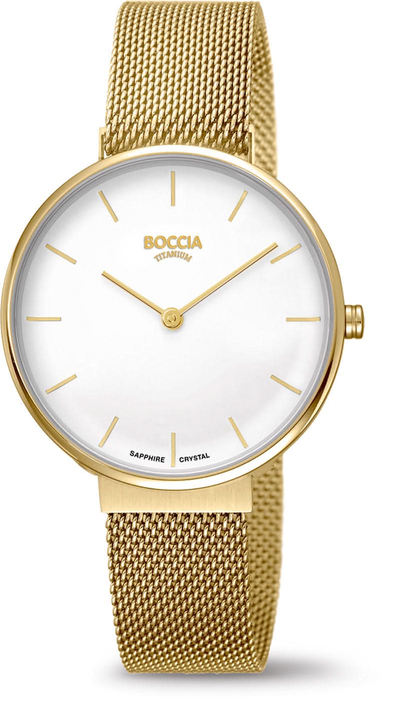 Boccia Reloj de Mujer con brazalete de malla dorado, esfera blanca y manecillas doradas