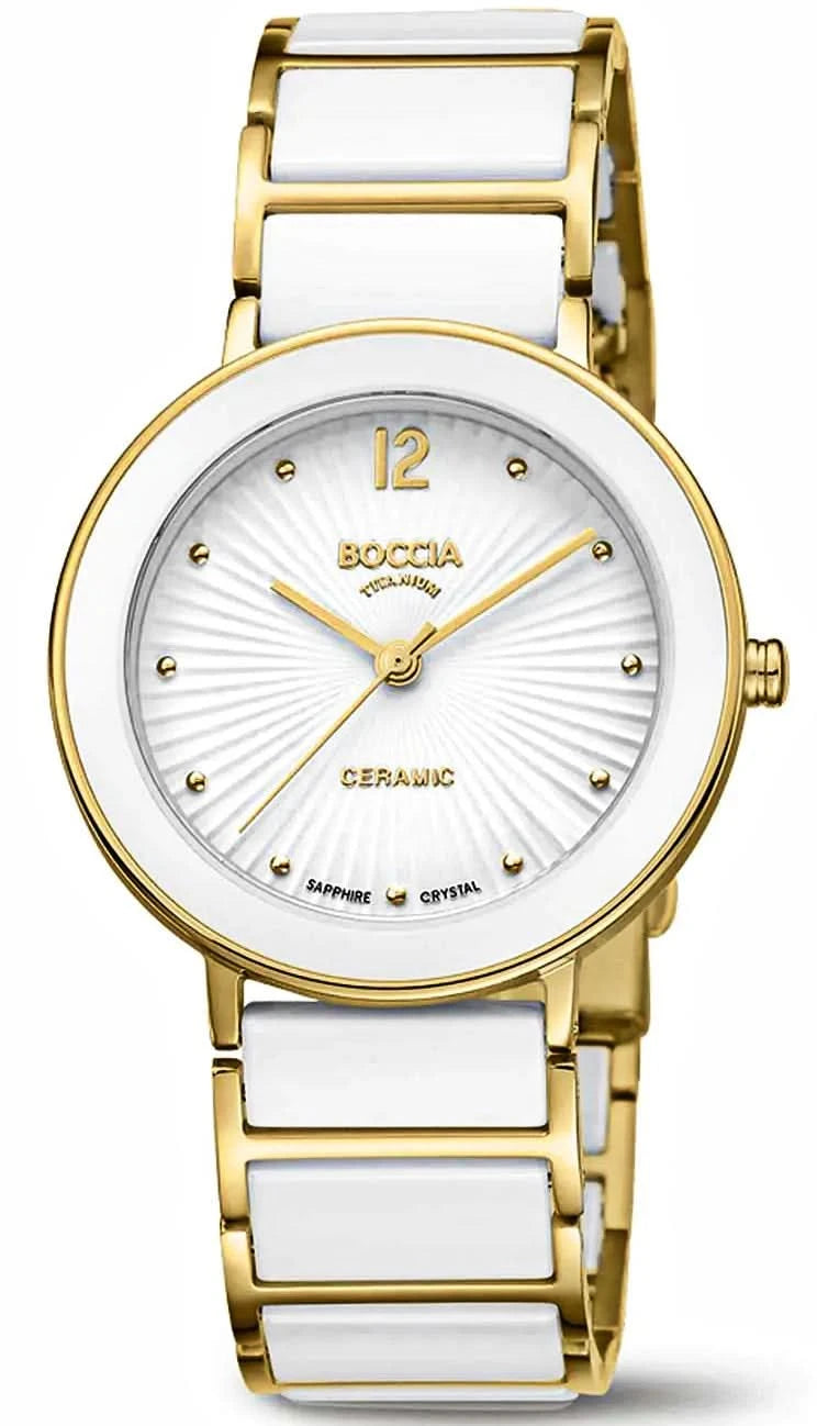 Pulsera de mujer con correa de eslabones dorados, esfera blanca e índices dorados