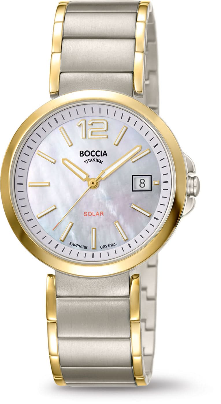 Boccia Reloj de Mujer con correa metálica bicolor y esfera blanca, agujas doradas.