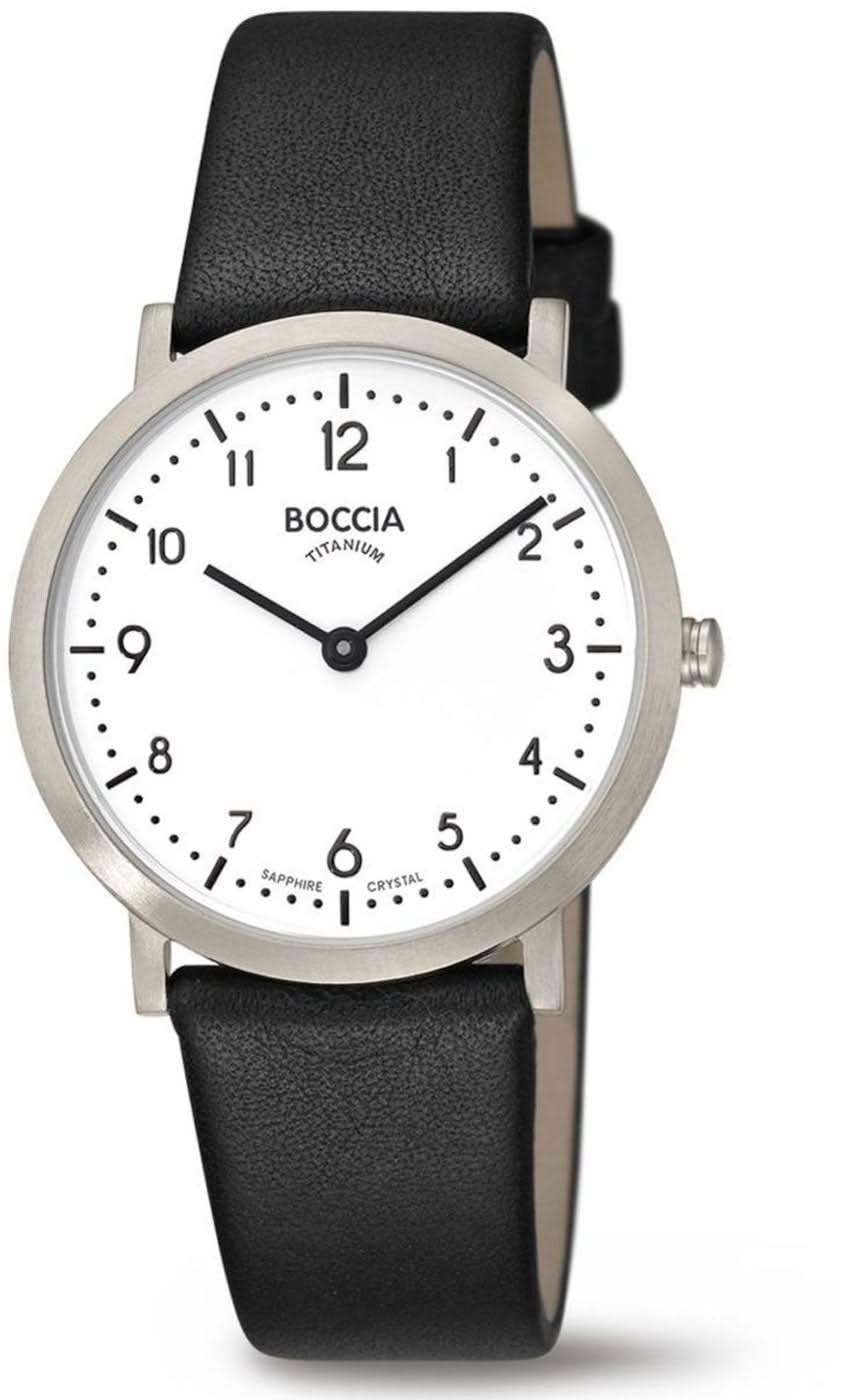 Reloj de mujer con correa de cuero negra, caja plateada y esfera blanca (Boccia).
