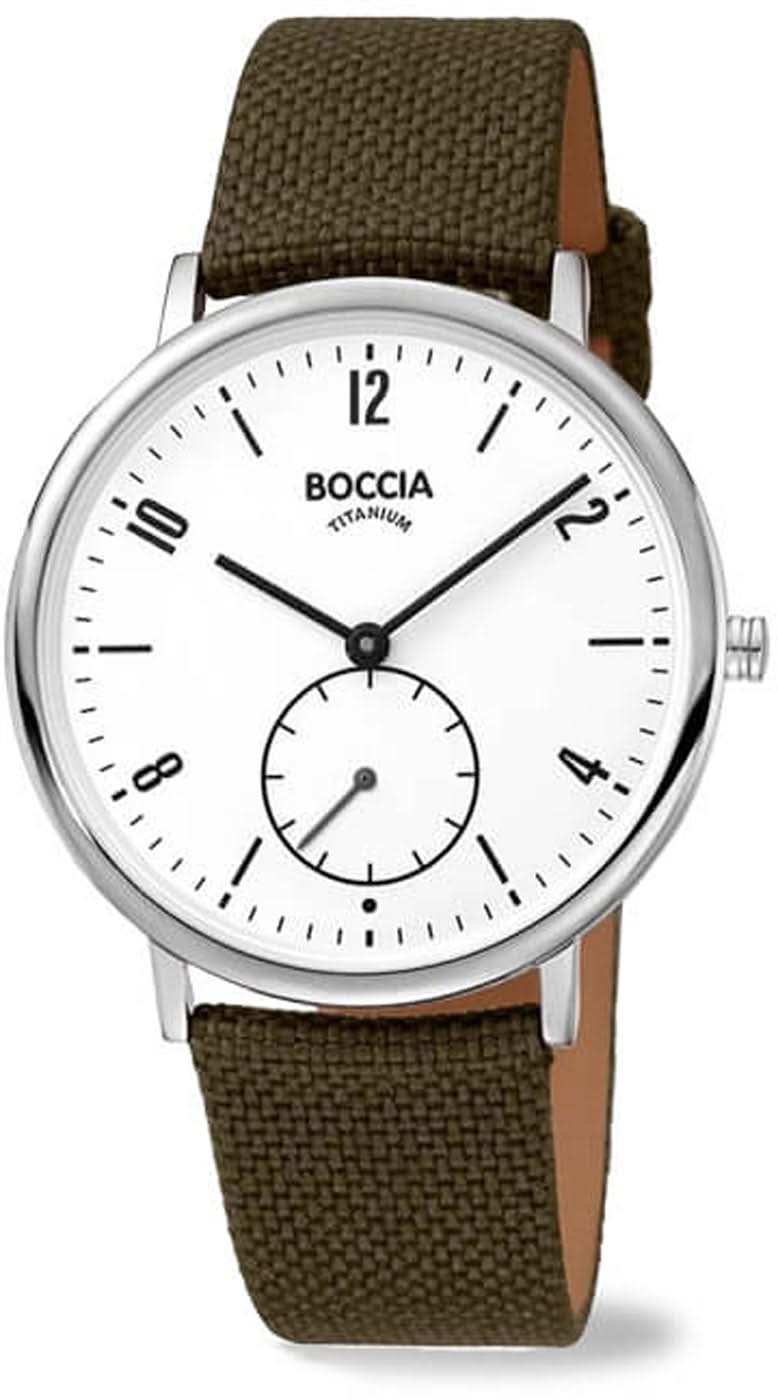 Reloj de mujer con correa de tela marrón, caja redonda plateada y esfera blanca
