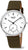 Reloj de mujer con correa de tela marrón, caja redonda plateada y esfera blanca