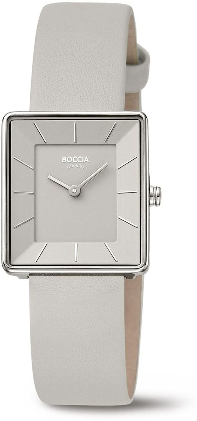 Reloj Boccia para mujer con caja cuadrada plateada, esfera blanca y correa de cuero gris claro