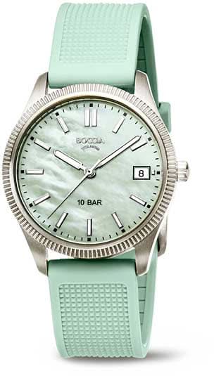 Reloj de mujer con correa de silicona verde menta, bisel plateado y esfera blanca, ventana de fecha