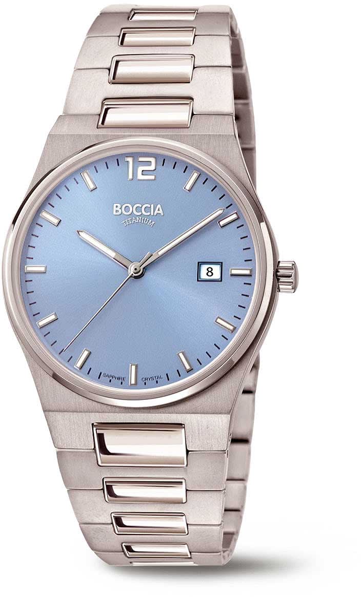 Reloj Boccia para hombre con brazalete de acero inoxidable plateado, esfera azul y cristal de zafiro
