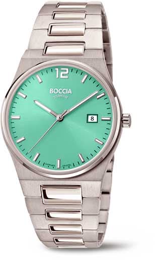 Pulsera de hombre Boccia con correa de metal plateado, esfera verde menta y ventana de fecha
