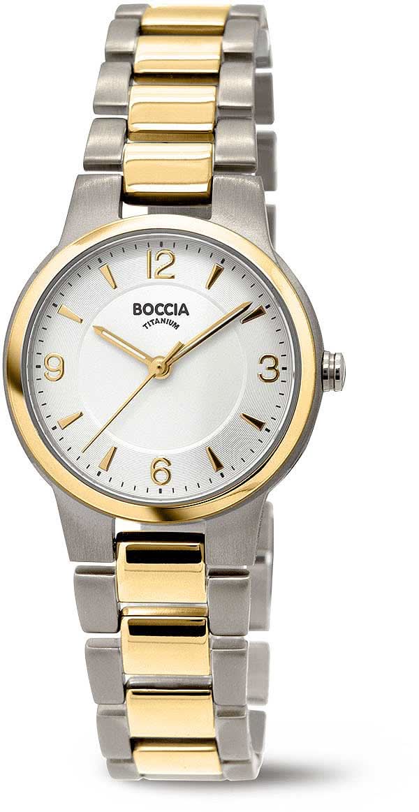 Reloj Boccia para mujer, correa bicolor de acero inoxidable plateado/dorado, esfera blanca