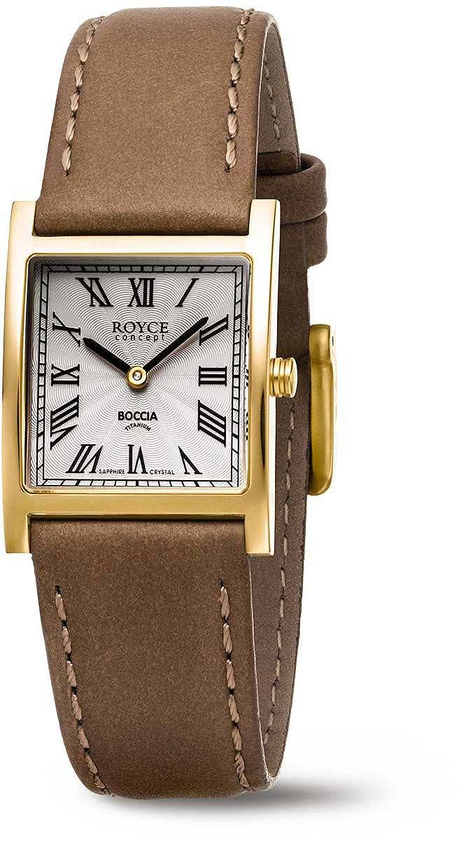 Reloj de mujer con correa de cuero marrón, caja rectangular dorada y números romanos