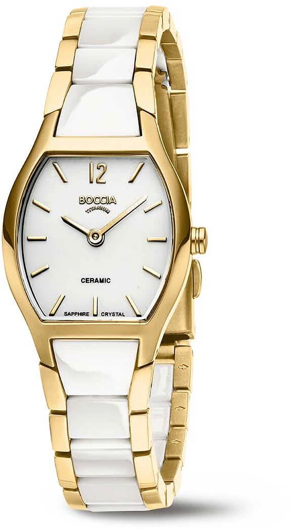 "Reloj de mujer con pulsera de eslabones dorados, esfera blanca e índices de bastón"