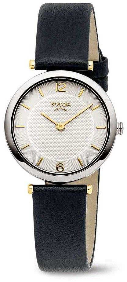 "Reloj de mujer: caja redonda plateada, correa de cuero oscura, esfera beige con manecillas doradas"