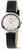 "Reloj de mujer: caja redonda plateada, correa de cuero oscura, esfera beige con manecillas doradas"