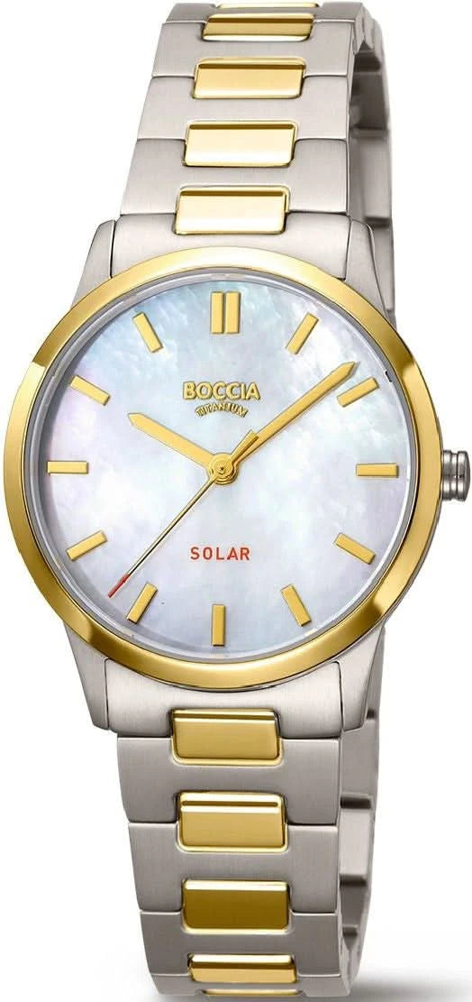 Reloj de mujer con esfera redonda en azul claro, correa plateada y detalles dorados