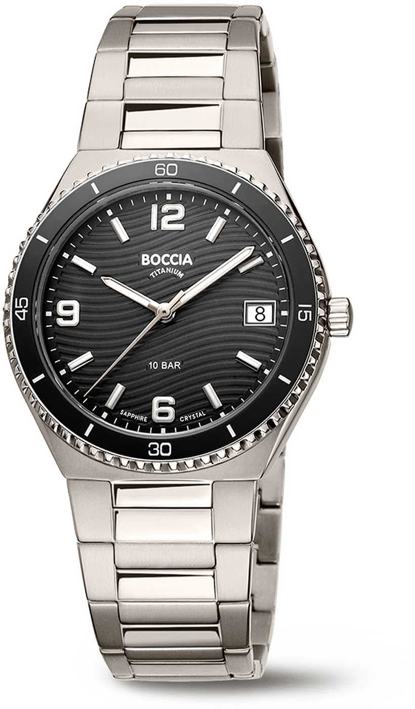 Reloj Boccia para mujer con brazalete de metal plateado, esfera negra y visualización de fecha