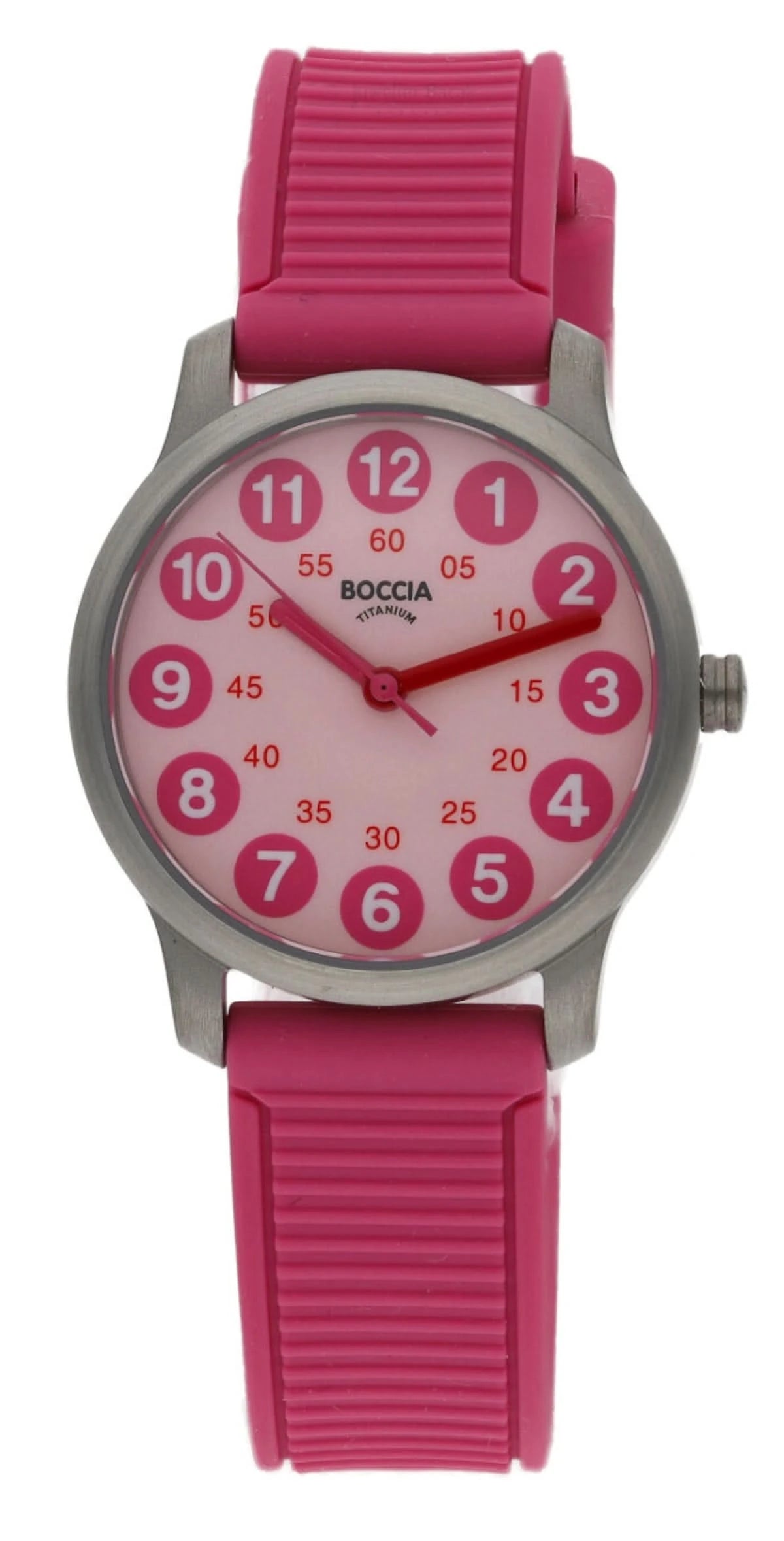 Reloj Boccia con caja redonda plateada, esfera rosa y correa de silicona rosa