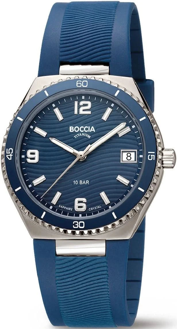 Reloj Boccia para mujer con esfera azul y correa de silicona azul, caja de acero inoxidable plateado
