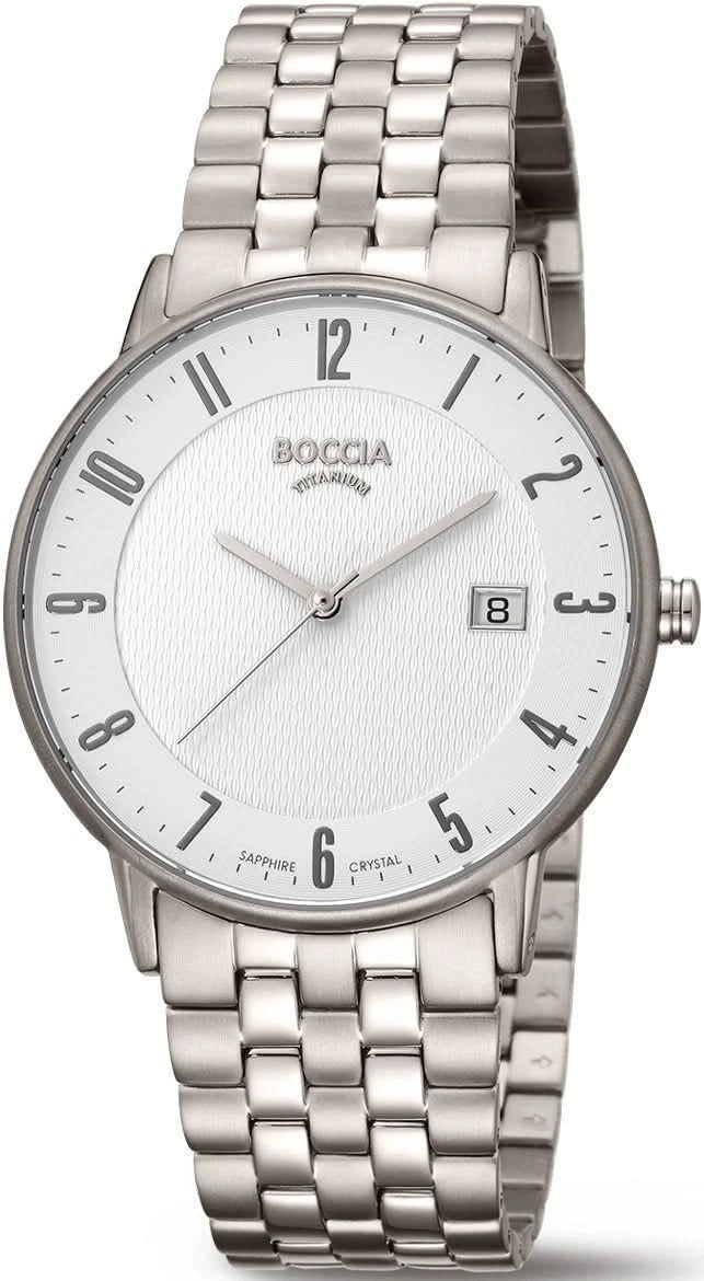 Pulsera de hombre con correa de metal plateado, esfera redonda blanca, indicador de fecha