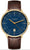 Reloj de hombre con esfera azul, caja dorada y correa de cuero marrón