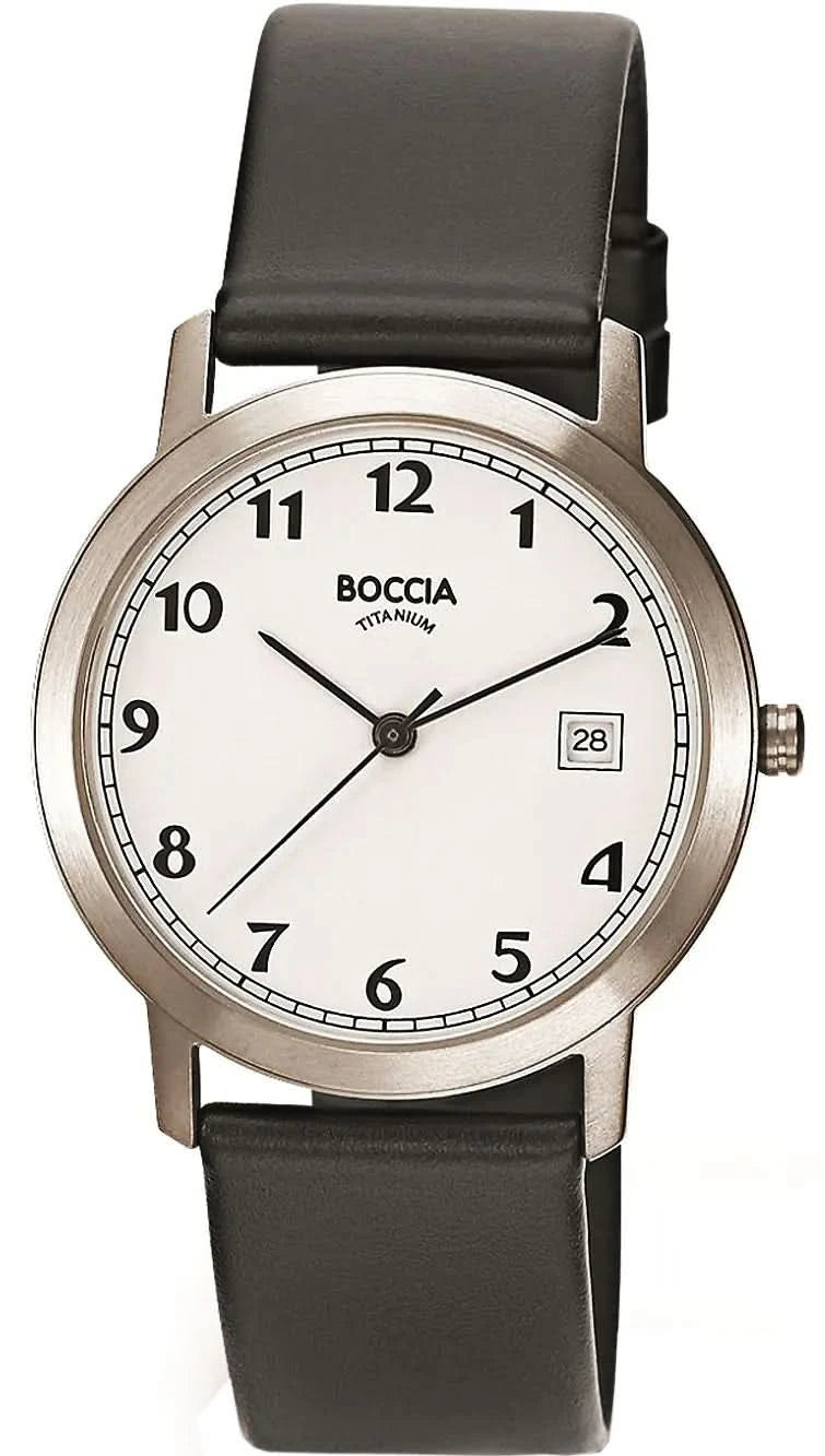 Pulsera de hombre Boccia con correa de cuero negra, esfera blanca redonda, fecha a las 3