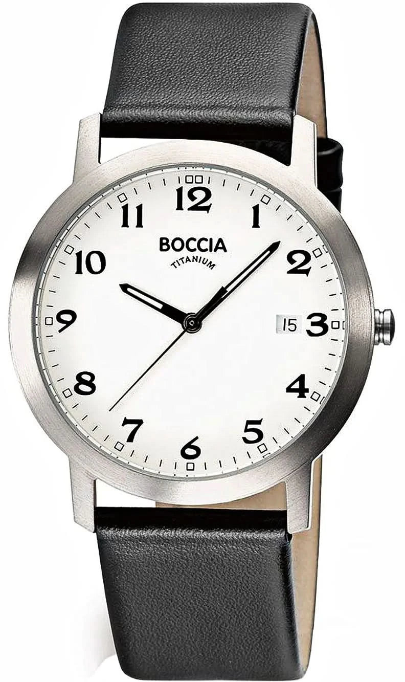 Reloj de pulsera Boccia para hombre: caja redonda plateada, esfera blanca, correa de cuero negra.