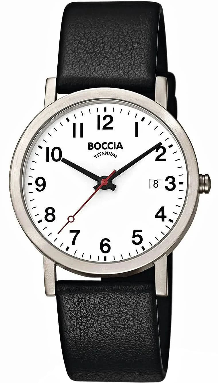 Pulsera de hombre con correa de cuero negra, caja plateada y esfera blanca con números