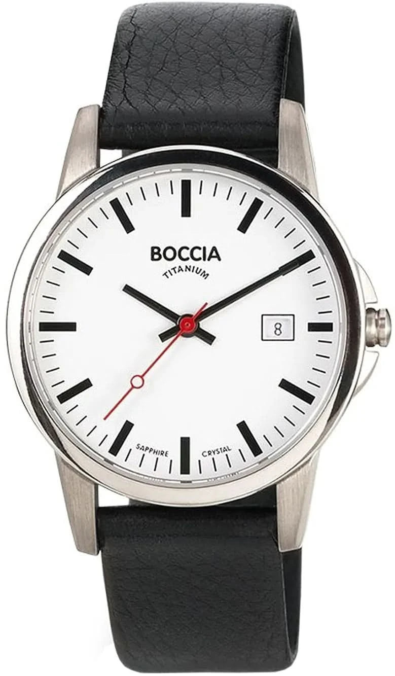 Pulsera de hombre con esfera redonda blanca, correa de cuero oscura y caja de titanio Boccia