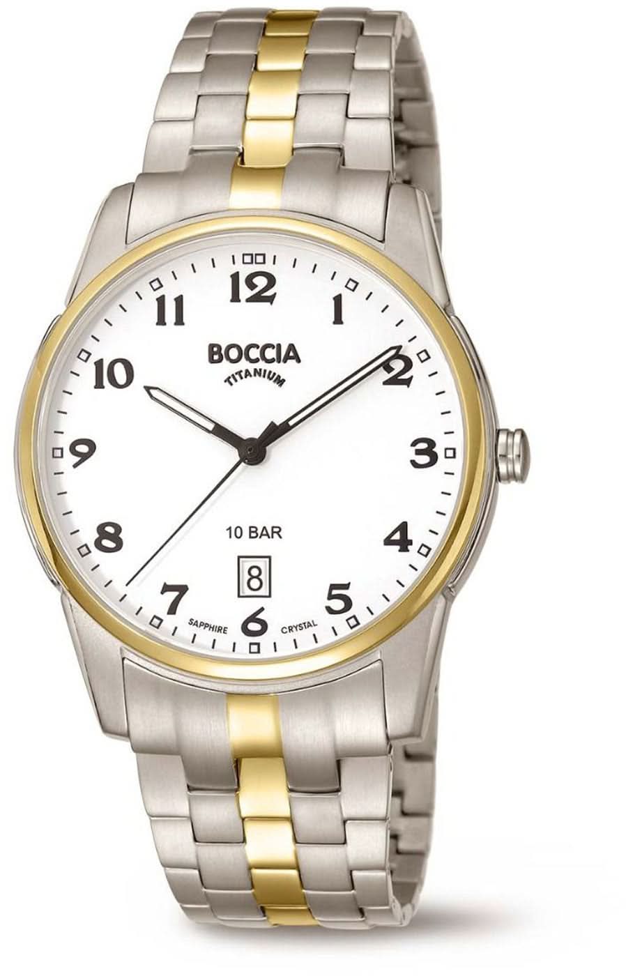 Pulsera de hombre Boccia con esfera blanca, detalles dorados y ventana de fecha