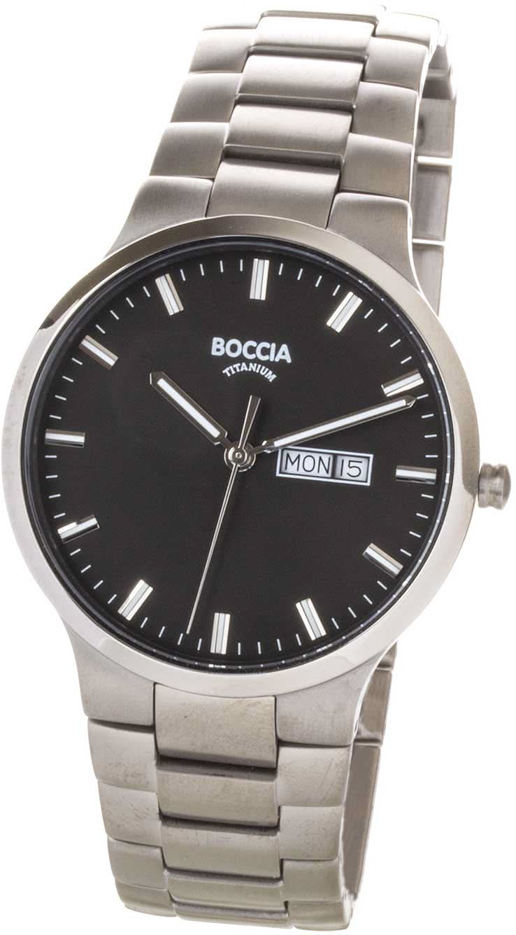 Reloj de pulsera Boccia para hombre con esfera negra, índices de bastón, ventana de fecha y correa de titanio