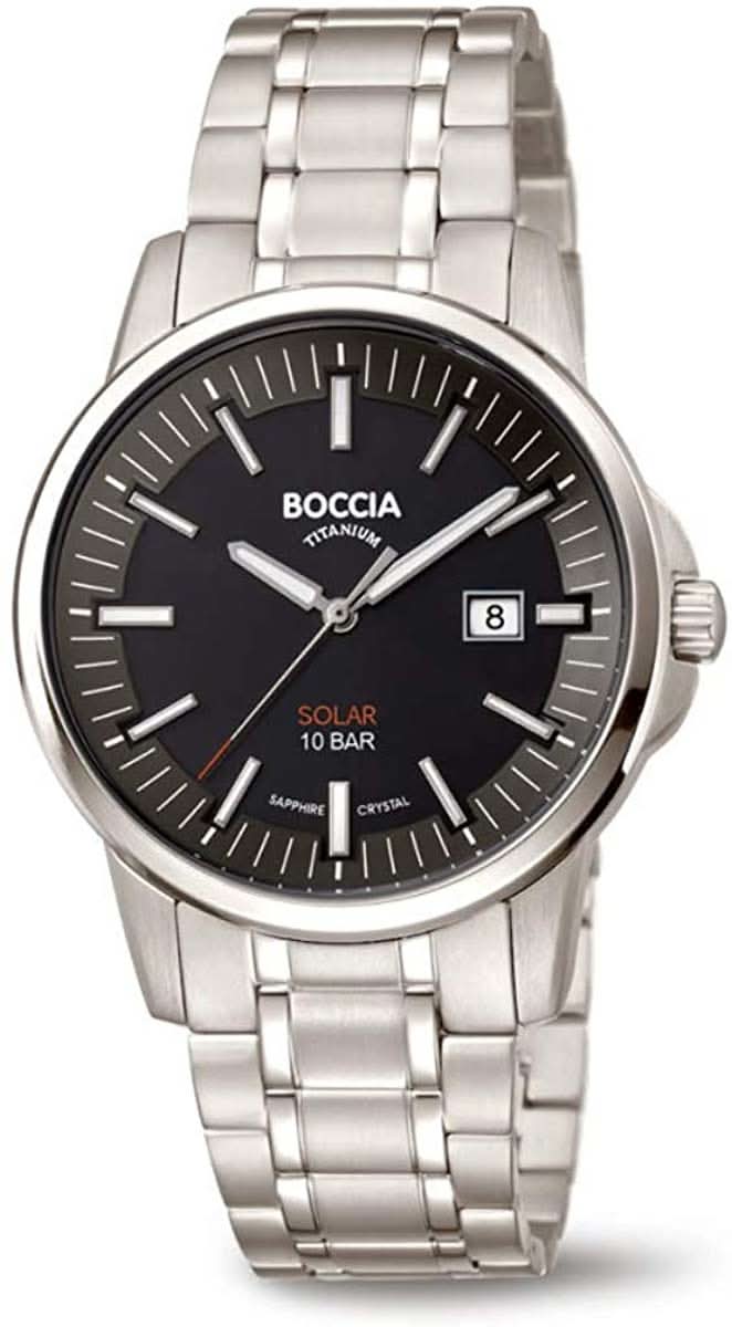 Pulsera de plata para hombre con esfera negra, manecillas analógicas y visualización de fecha.