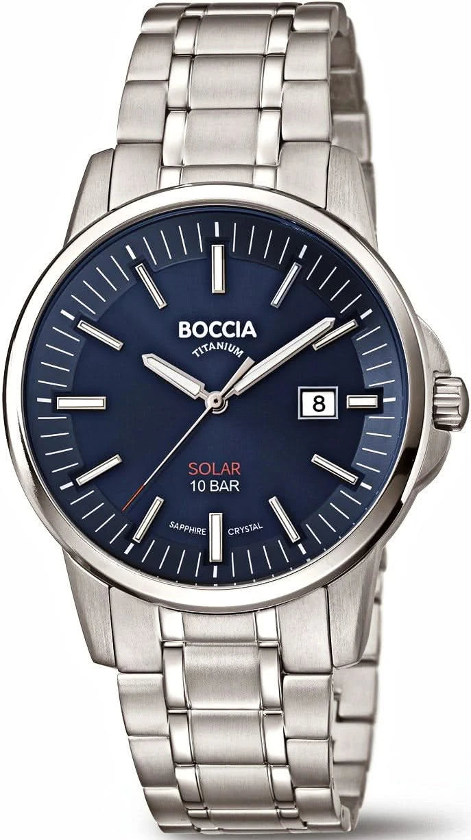 Reloj Boccia para hombre con correa de metal y esfera azul, índices de barra y visualización de fecha