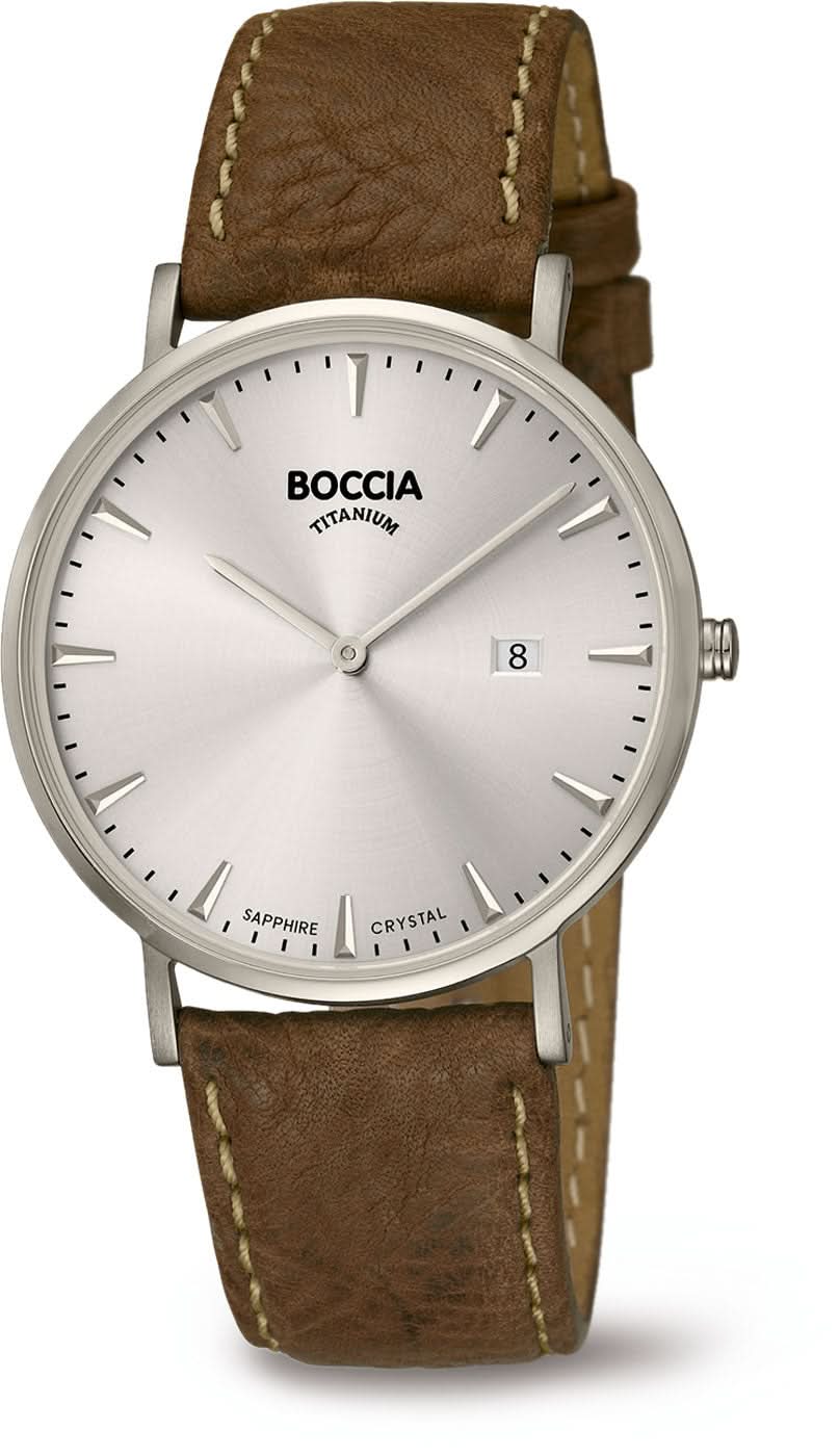 Pulsera de hombre Boccia con caja plateada, correa de cuero marrón, esfera blanca y fecha