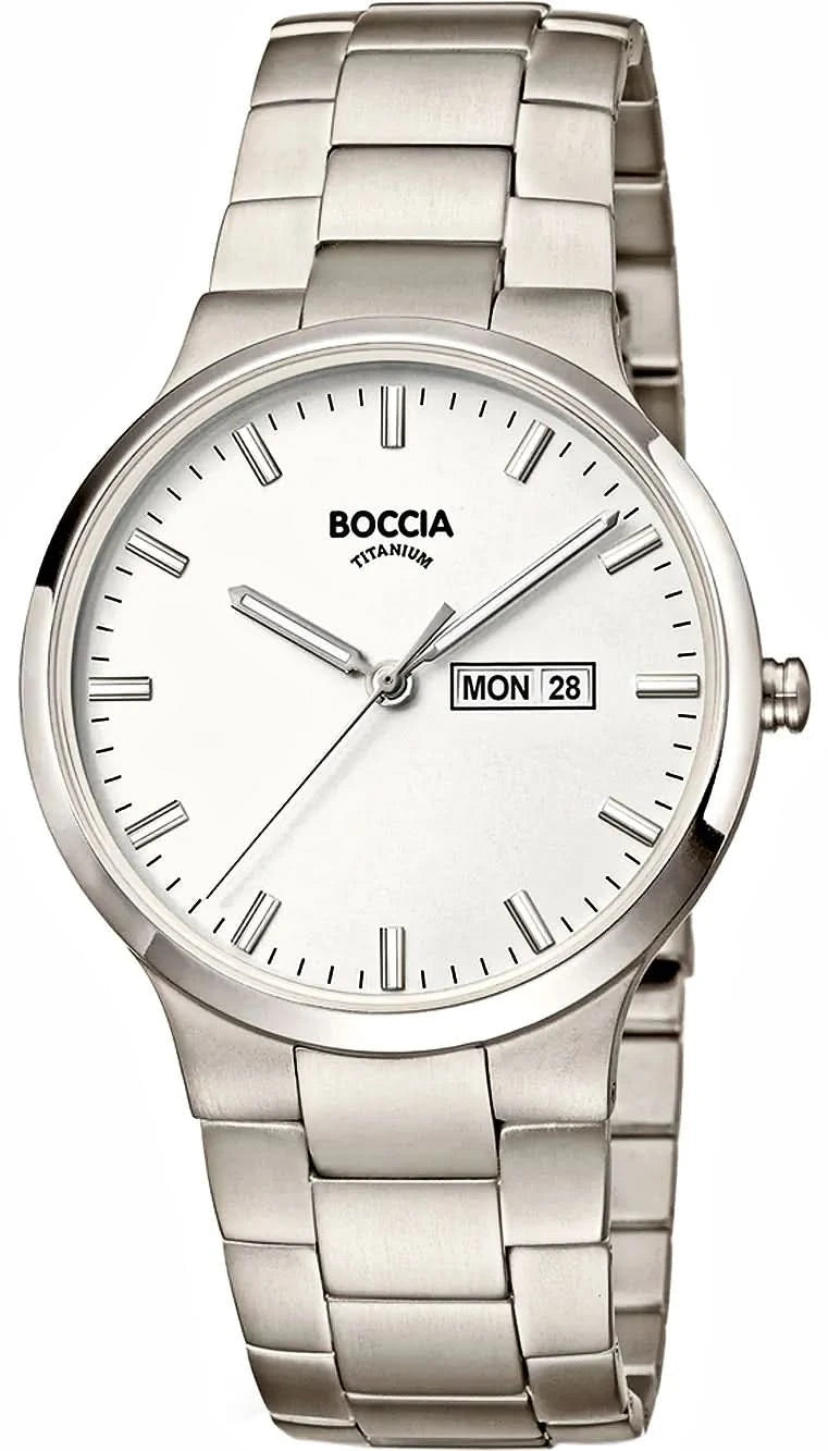 Pulsera de hombre Boccia Titanium: correa de acero inoxidable plateada, caja redonda, esfera blanca con fecha