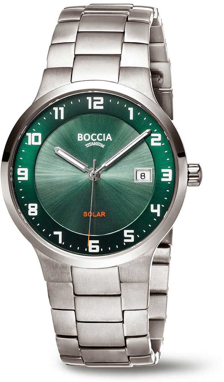 Reloj Boccia para hombre con esfera verde, correa de acero y ventana de fecha