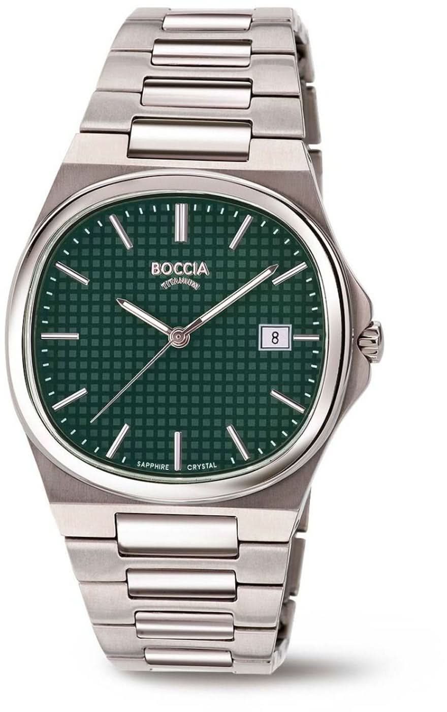 Pulsera de hombre Boccia con esfera verde, correa de acero y fecha a las 8