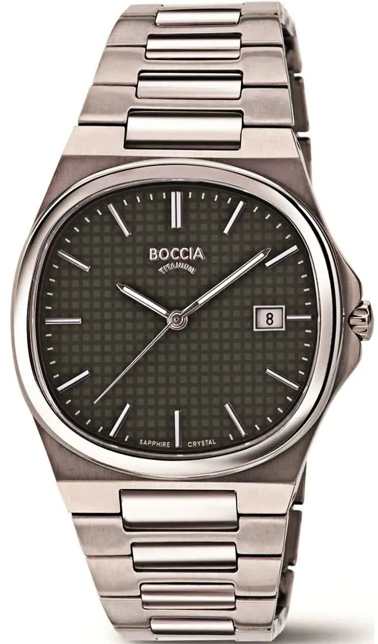 Pulsera de hombre con correa de metal plateado y esfera negra, indicador de fecha.