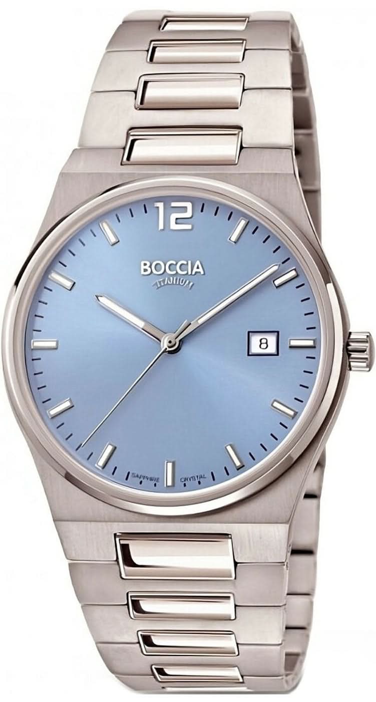 Reloj de pulsera Boccia para hombre con correa de acero inoxidable plateado, esfera azul e indicador de fecha