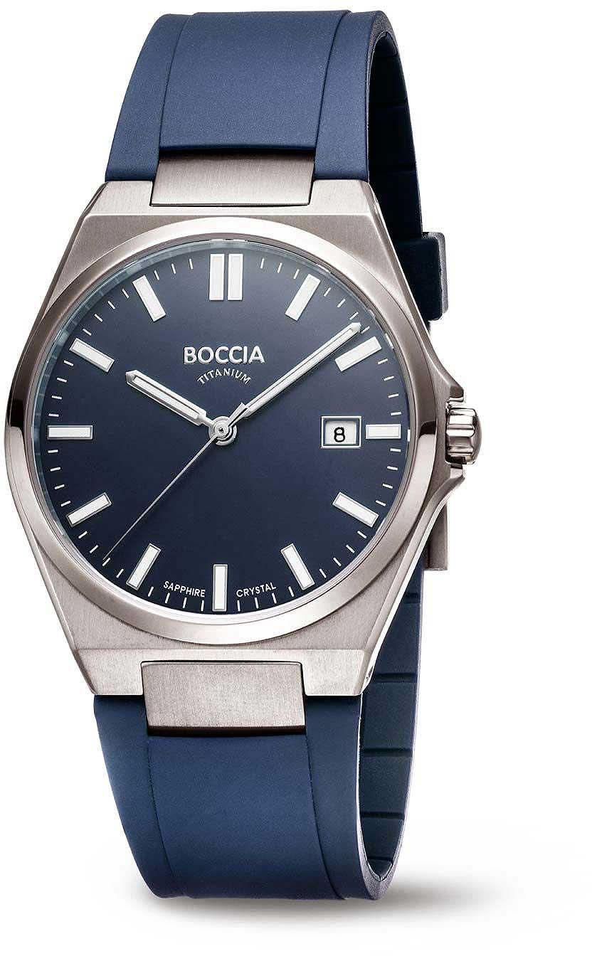 Reloj de hombre con esfera azul oscuro, caja plateada y correa azul oscuro, indicador de fecha
